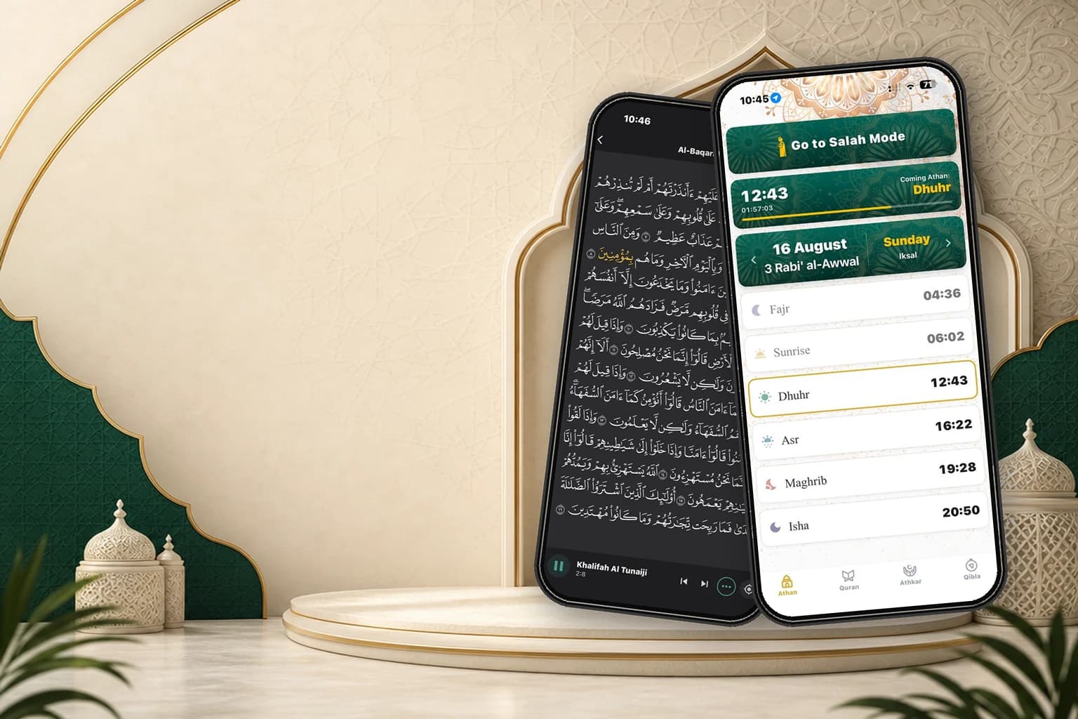 Two phones showing Salati: the prayer times screen with a countdown to the coming athan, and the dark Qur'an reader with audio playback.