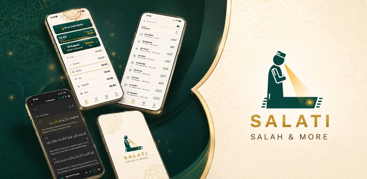 Salati brand artwork: four phones showing the prayer times, surah list, Qur'an reader and app splash screens, beside the Salati — Salah & More logo lockup.