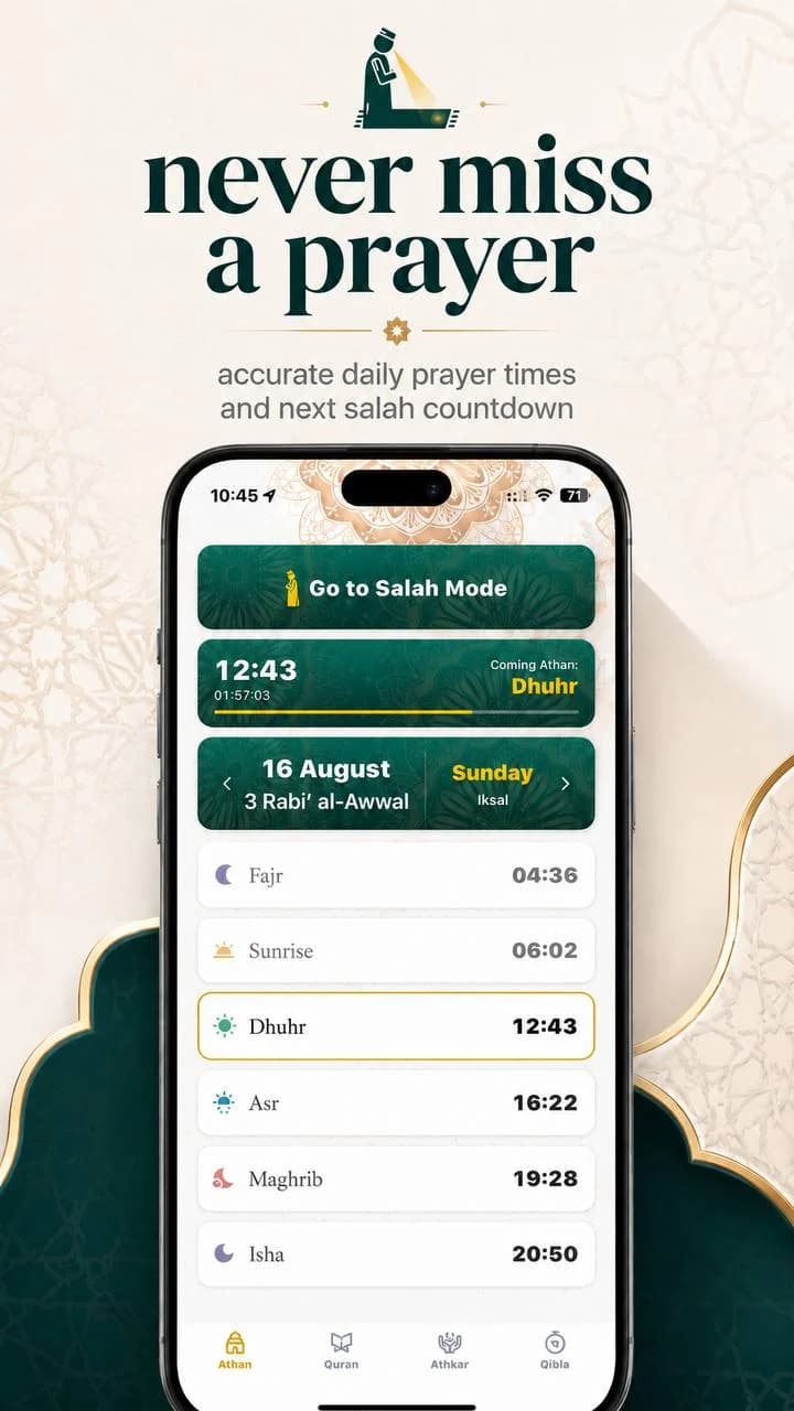 Salati prayer times screen showing Fajr to Isha, a countdown to Dhuhr, the Hijri date, and the Salah Mode button.